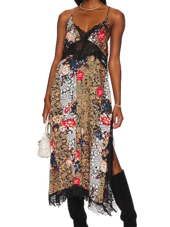Free People Dresses & Skirts - Free People Black Floral Mixed-Print Lace-Trim Maxi Slip Dress